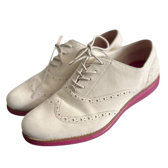 Cole Haan ZeroGrand Oxford Shoes Women 10 White Suede Pink Sole Lace Up Wingtip - Picture 3 of 12